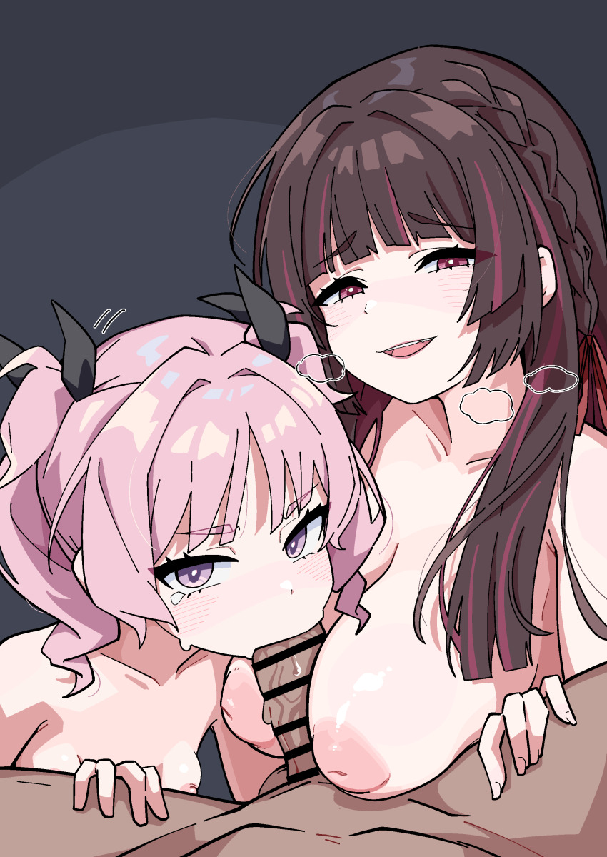 2girls absurdres aoi_nadeshiko braid brown_hair fellatio gakuen_idolmaster highres idolmaster multicolored_hair multiple_girls nipples ohgi910 open_mouth oral penis pink_eyes pink_hair red_eyes red_hair shirakusa_shion smug twintails