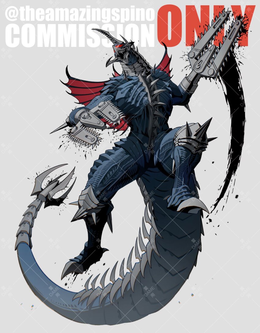 armor assault_visor beak biomechanical black_liquid blue_armor blue_skin chainsaw chest_spike colored_skin commission cyborg english_text gigan godzilla:_final_wars godzilla_(series) highres horns kaiju kamitoge_supino mechanical_arms modified_gigan one-eyed red_eyes red_visor red_wings spiked_elbow_pads spiked_kneepads spiked_tail spikes spines tail teeth toho twitter_username wings