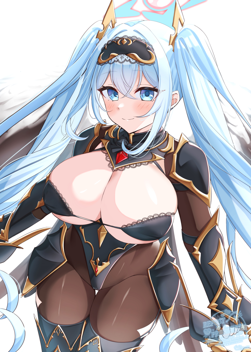 1girl absurdres arm_armor armor armored_leotard black_bow black_bra blue_eyes blue_hair blue_halo blush bodystocking bow bra breasts center_opening cleavage commentary_request gem hair_between_eyes halo headpiece highres holding holding_weapon kakkou40 lace lace-trimmed_bra lace_trim large_breasts leg_armor leotard long_hair looking_at_viewer natasha_(twinkle_star_knights) red_gemstone shoulder_armor simple_background solo standing thighs twinkle_star_knights twintails underwear watermark weapon white_background wings