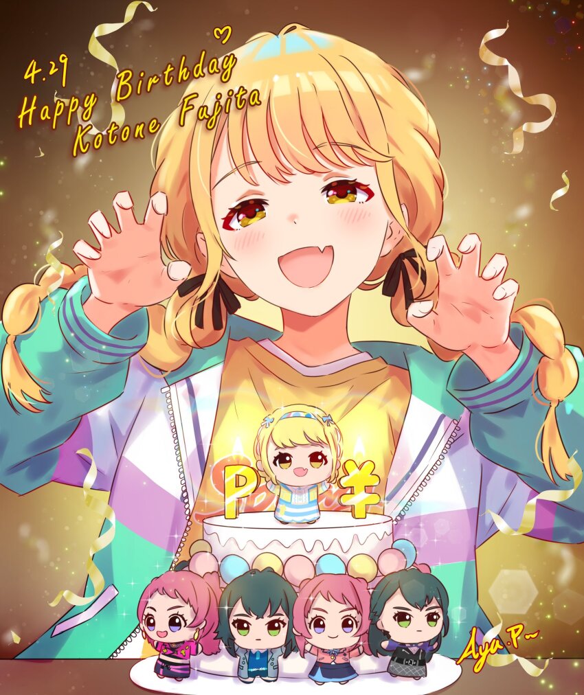 1girl birthday blonde_hair cake character_doll character_request fang food fujita_kotone gakuen_idolmaster gao highres idolmaster jacket koaya low_twintails open_clothes open_jacket open_mouth shirt signature skin_fang solo twintails yellow_eyes