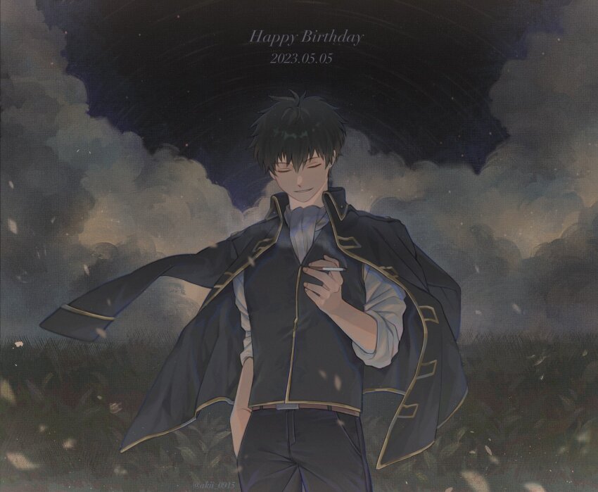1boy akii_0915 ascot black_hair black_jacket black_pants black_vest cigarette closed_eyes cloud cowboy_shot dated gintama hair_between_eyes hand_in_pocket happy_birthday highres hijikata_toushirou holding holding_cigarette jacket jacket_on_shoulders leaf light_particles long_sleeves male_focus night night_sky outdoors pants parted_lips shirt short_hair sky smile smoke smoke_trail solo standing star_(sky) star_trail teeth vest white_ascot white_shirt