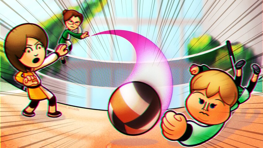 3girls ball blonde_hair brown_hair chromatic_aberration emi_arcade emphasis_lines glasses hair_bun highres jumping launching megan_(mii) mii_(nintendo) mii_gunner mii_gunner_(smash_ultimate) mob_face multiple_girls nintendo nintendo_switch_sports open_mouth outstretched_arm short_hair single_hair_bun soccer_ball sportswear surprised twitter_username volleyball volleyball_(object) volleyball_net wii_sports yoshi_(mii)