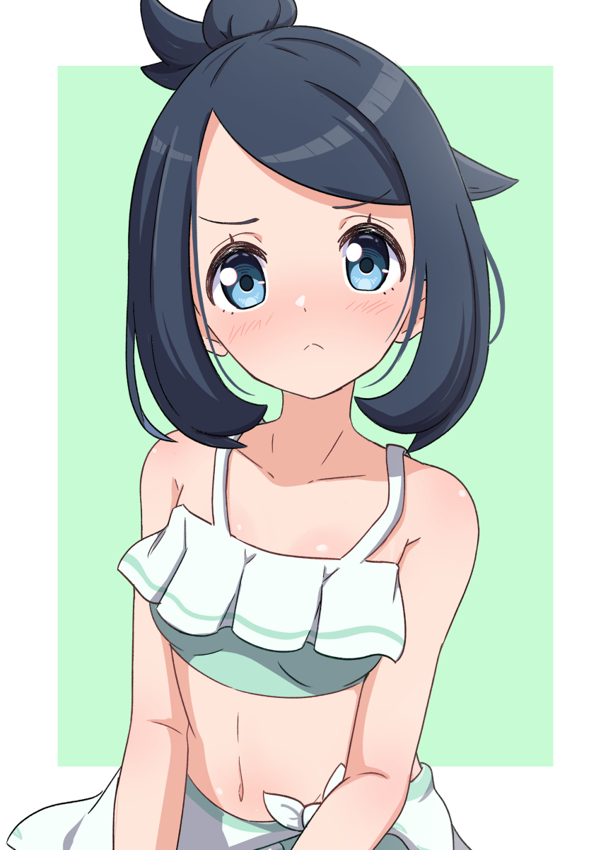 1girl absurdres bare_shoulders black_hair blue_eyes border breasts collarbone green_background highres liko_(pokemon) looking_at_viewer navel nintendo outside_border pokemon pokemon_(anime) pokemon_horizons rono_(lethys) short_hair small_breasts solo swimsuit upper_body white_border