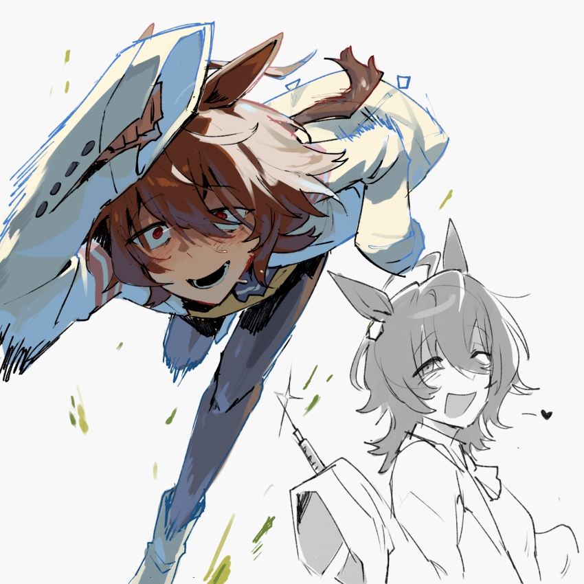 1girl agnes_tachyon_(umamusume) animal_ears brown_hair clenched_hand coat commentary coral_l33 english_commentary eye_trail highres holding holding_syringe horse_ears horse_girl horse_tail lab_coat light_trail open_mouth red_eyes running sleeves_past_fingers sleeves_past_wrists sweater syringe tail umamusume white_coat yellow_sweater