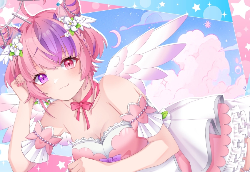 1girl ahoge alternate_hairstyle angel_wings bow bow_choker breasts choker cleavage crescent_moon dress flower frilled_dress frills hair_flower hair_ornament hairpin heart heart_ahoge heterochromia highres ironmouse ironmouse_(fallen_angel) iyotsuki11 large_breasts looking_at_viewer moon multicolored_hair nail_polish pink_choker pink_dress pink_eyes pink_hair pink_nails purple_eyes purple_hair short_hair smile solo star_(symbol) streaked_hair virtual_youtuber vshojo wings