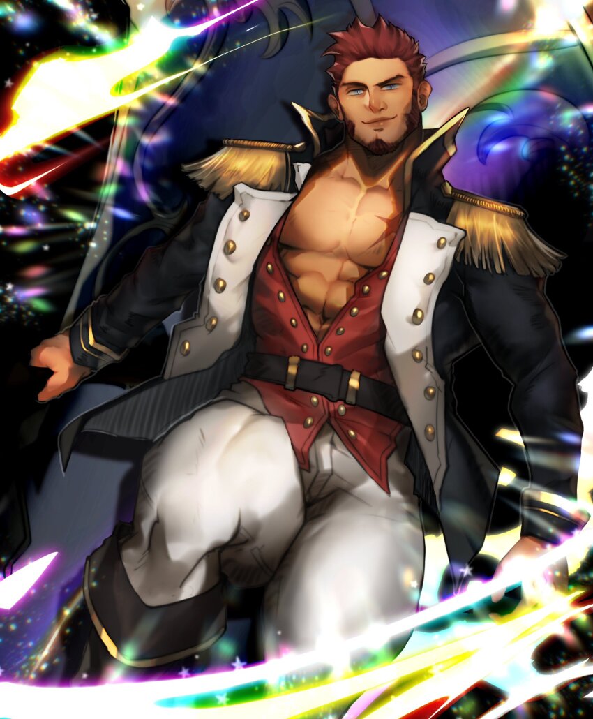 1boy alex_(cerealex) bara blue_eyes brown_hair cannon epaulettes facial_hair fate/grand_order fate_(series) goatee highres large_pectorals lips long_sideburns long_sleeves looking_at_viewer male_focus muscular muscular_male napoleon_bonaparte_(fate) noble_phantasm_(fate) open_clothes pectoral_cleavage pectorals scar seductive_smile short_hair sideburns smile solo thick_eyebrows thick_thighs thighs