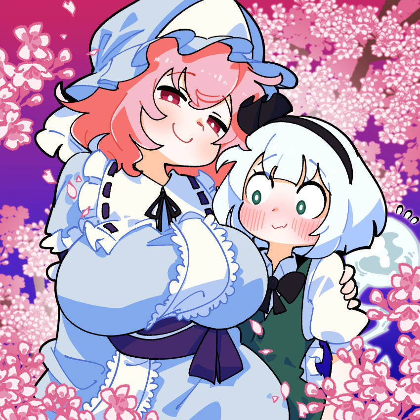 2girls anime_coloring black_bow black_bowtie black_hairband blue_hat blue_kimono blush bow bowtie breasts bright_pupils cherry_blossoms closed_mouth ghost gram_9 hairband hat highres japanese_clothes kimono konpaku_youmu konpaku_youmu_(ghost) large_breasts looking_at_breasts looking_at_viewer medium_hair multiple_girls pink_hair red_eyes saigyouji_yuyuko sash short_hair smile touhou triangular_headpiece white_hair white_pupils yuri