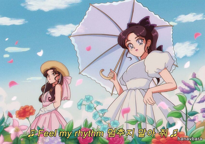 2girls bow brown_hair cloud commentary dress english_commentary flower from_below hair_bow hanavbara hat holding holding_umbrella irene_(red_velvet) k-pop long_dress long_hair looking_at_viewer lyrics multiple_girls pink_dress ponytail puffy_short_sleeves puffy_sleeves real_life red_velvet_(group) seulgi_(red_velvet) short_sleeves sky umbrella white_dress