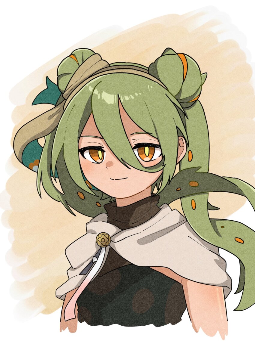 cape closed_mouth double_bun green_hair ground_miku_(project_voltage) hair_between_eyes hair_bun hatsune_miku highres long_hair long_hair_between_eyes looking_at_viewer nintendo pokemon project_voltage smile twintails upper_body vocaloid vvv_fnk white_cape yellow_eyes
