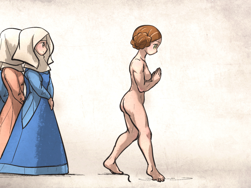 3girls ass barefoot blue_dress braid braided_bun breasts brown_eyes brown_hair closed_mouth commentary completely_nude dress english_commentary feet green_eyes hair_bun ironlily lady_johnna_(ironlily) looking_to_the_side medieval medium_breasts multiple_girls muscular muscular_female nude ordo_mediare_sisters_(ironlily) own_hands_together pink_dress pool praying simple_background standing walking water wimple