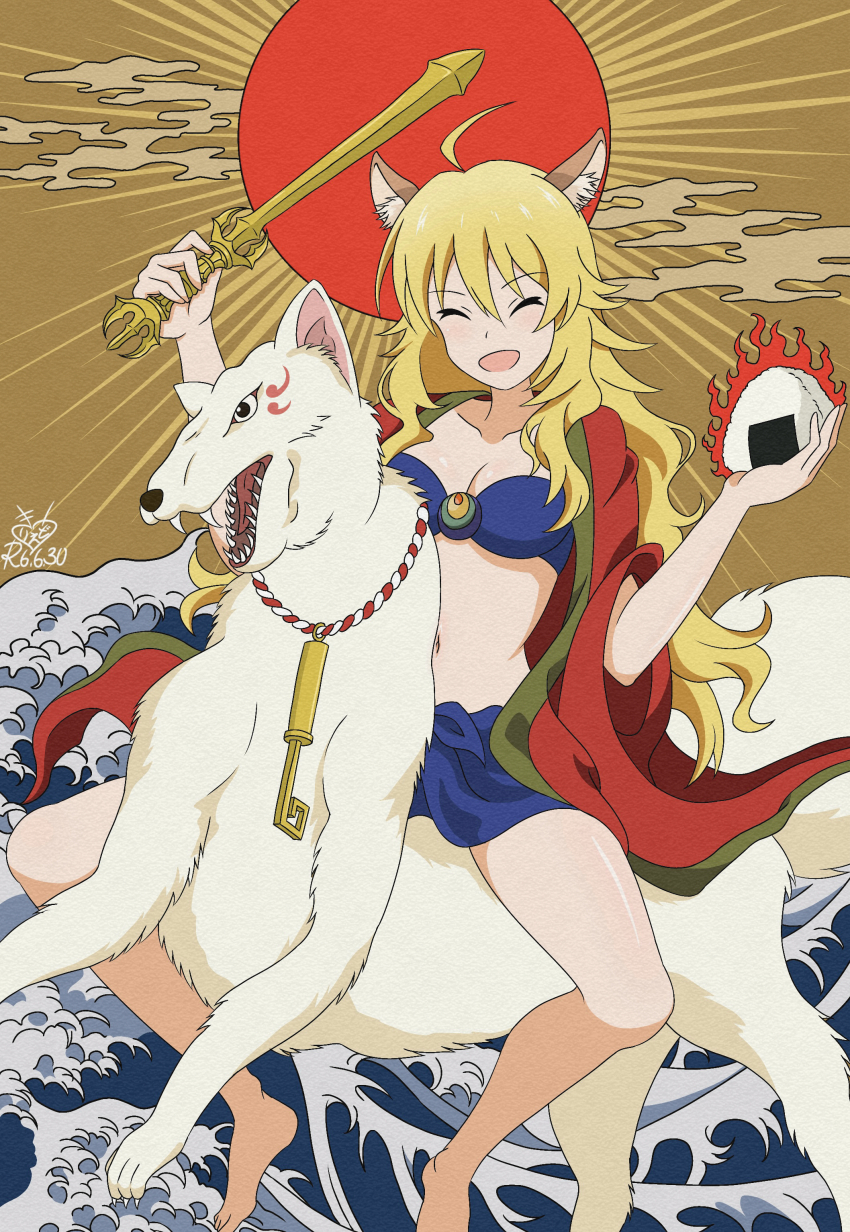 1girl absurdres ahoge animal_ears barefoot bikini bikini_skirt blonde_hair blue_bikini breasts burning cleavage closed_eyes collarbone fine_art_parody food fox fox_ears haori highres hoshii_miki idolmaster idolmaster_(classic) japanese_clothes kanagawa_okinami_ura kirie_dou long_hair medium_breasts navel onigiri open_mouth parody red_haori smile stomach swimsuit thighs