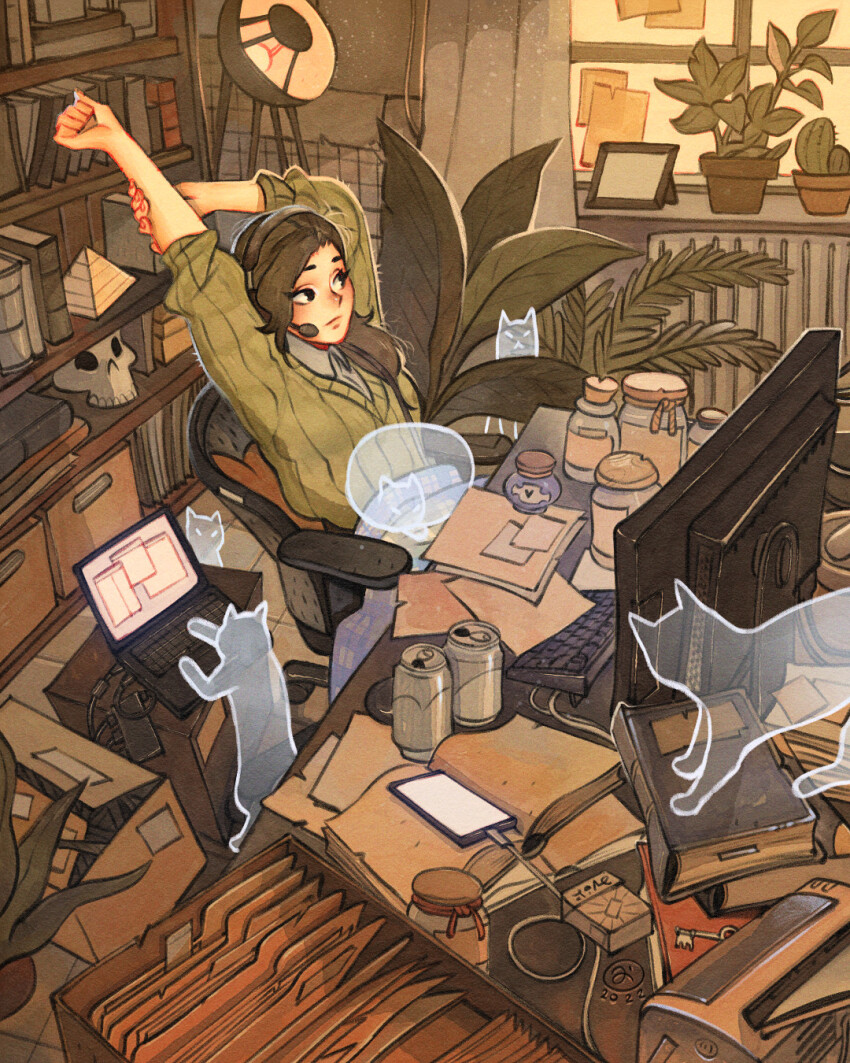 1girl animal animal_on_lap blanket blanket_over_legs book bookshelf box brown_hair cactus can cardigan cat cat_on_lap cellphone chair commentary computer computer_keyboard curtains drink_can fern floor_lamp folder ghost green_cardigan grey_shirt hair_over_shoulder headset highres holding_own_arm indoors jar key lamp laptop long_hair looking_to_the_side monitor office_chair on_chair on_lap open_book original phone picture_frame plant potted_plant printer shirt simz smartphone soda_can solo stretching swivel_chair window