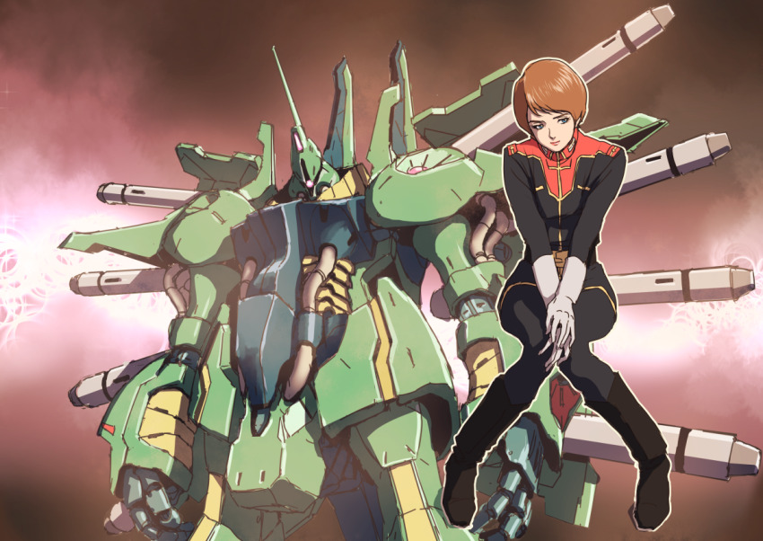1girl boots brown_hair commentary_request debris gloves gundam mecha missile mobile_suit nebula one-eyed palace_athene reccoa_londe robot sad science_fiction sitting space spoilers teikoku_jokyoku titans_(gundam) upper_body zeta_gundam