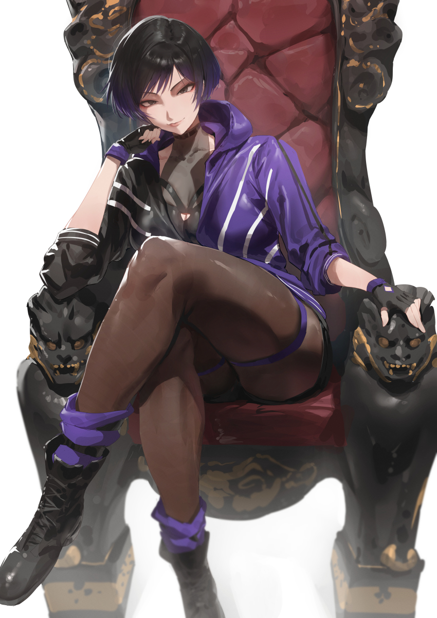 1girl absurdres black_boots black_eyes black_gloves black_jacket boots breasts brown_pantyhose closed_mouth commentary commission crossed_legs fingerless_gloves gloves highres jacket looking_at_viewer medium_breasts multicolored_jacket pantyhose purple_jacket reina_(tekken) rororo short_hair simple_background sitting sitting_on_throne smile solo tekken tekken_8 throne two-tone_jacket white_background