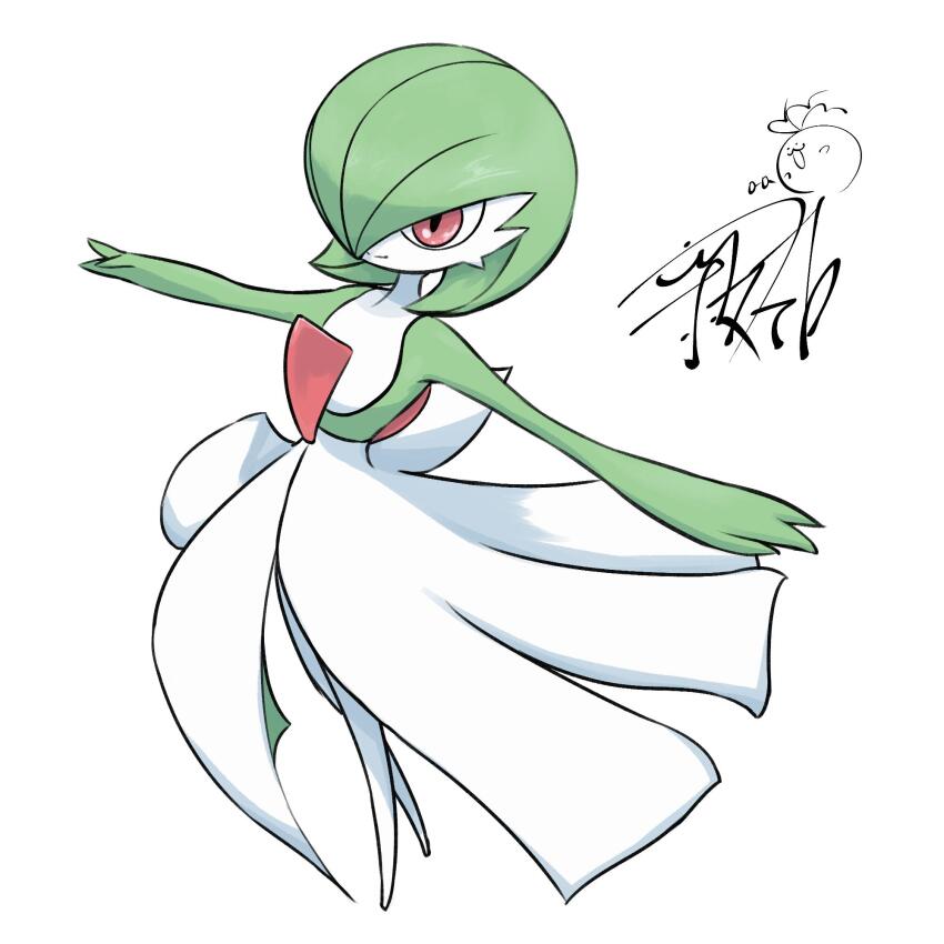 bob_cut colored_skin dress gardevoir gen_3_pokemon green_hair green_skin highres multicolored_skin nintendo outstretched_arms pink_eyes pokemon pokemon_(creature) signature simple_background smile two-tone_skin white_background white_dress white_skin yoshitatsu_ousuke