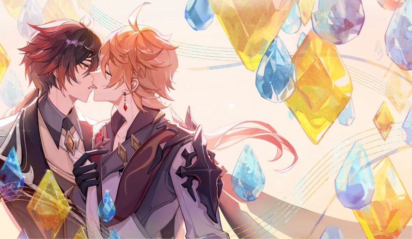 2boys almost_kiss coaldragon gem gems genshin_impact highres multiple_boys tartaglia_(genshin_impact) tie_pull yaoi zhongli_(genshin_impact)