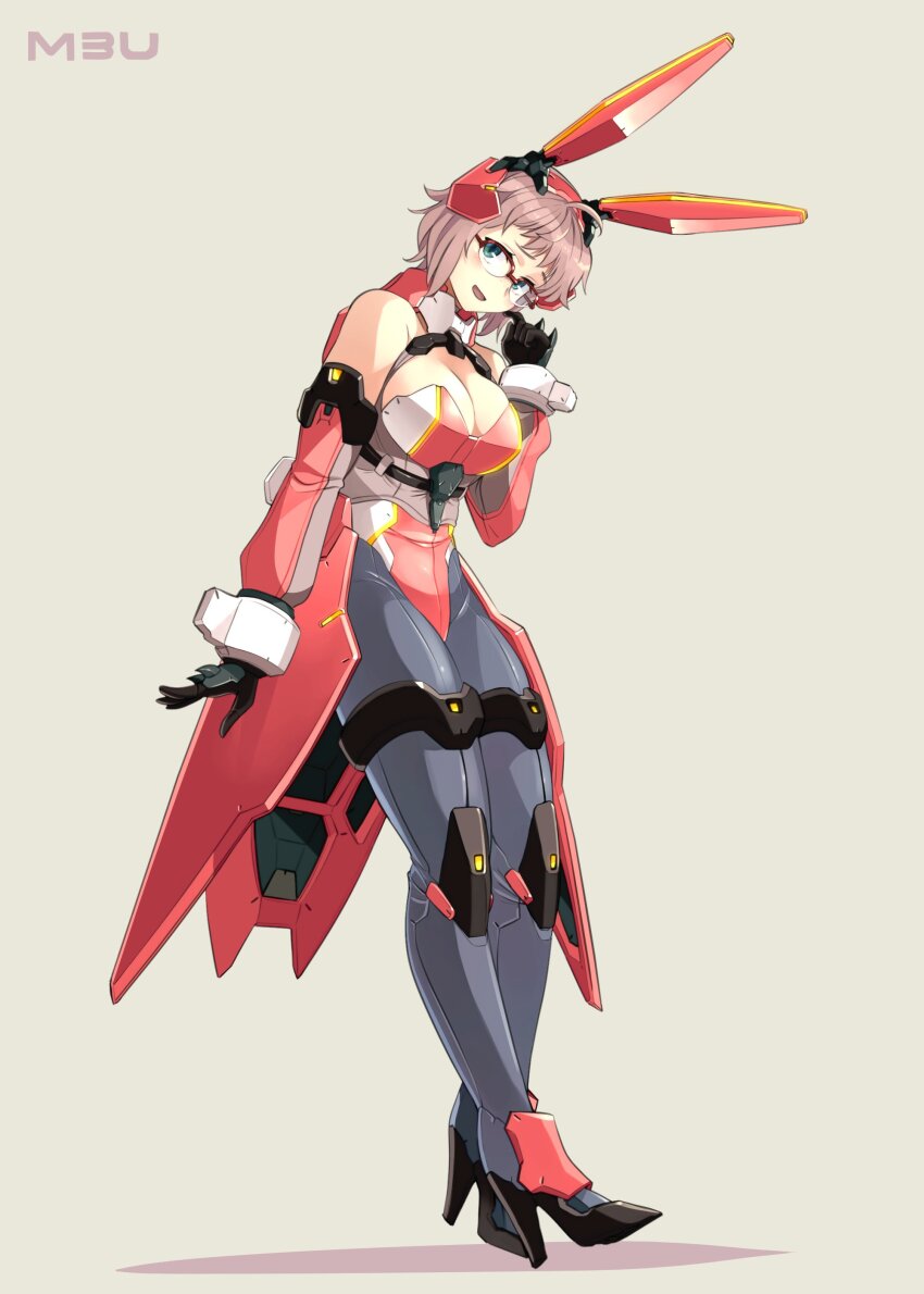 1girl absurdres animal_ears armor assistant_(mechanical_buddy_universe) blue_eyes brown_hair fake_animal_ears freckles glasses highres kato_takuji leotard looking_at_viewer mechanical_buddy_universe playboy_bunny power_armor power_suit rabbit_ears science_fiction short_hair