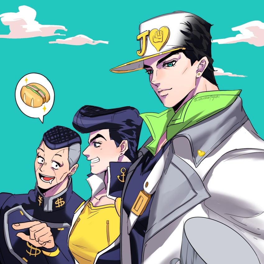 4boys anchor_symbol aqua_eyes asymmetrical_hair black_hair blue_hair chinese_commentary coat commentary_request diamond_wa_kudakenai dollar_sign drooling earrings facial_mark flattop food gakuran grey_hair grin hat higashikata_josuke highres hirose_koichi jewelry jojo_no_kimyou_na_bouken kuujou_joutarou male_focus multicolored_hair multiple_boys nijimura_okuyasu pectorals pointing pompadour sandwich school_uniform shinkaifuyuki sidecut smile spoken_object stud_earrings two-tone_hair undercut white_coat white_hat yen_sign