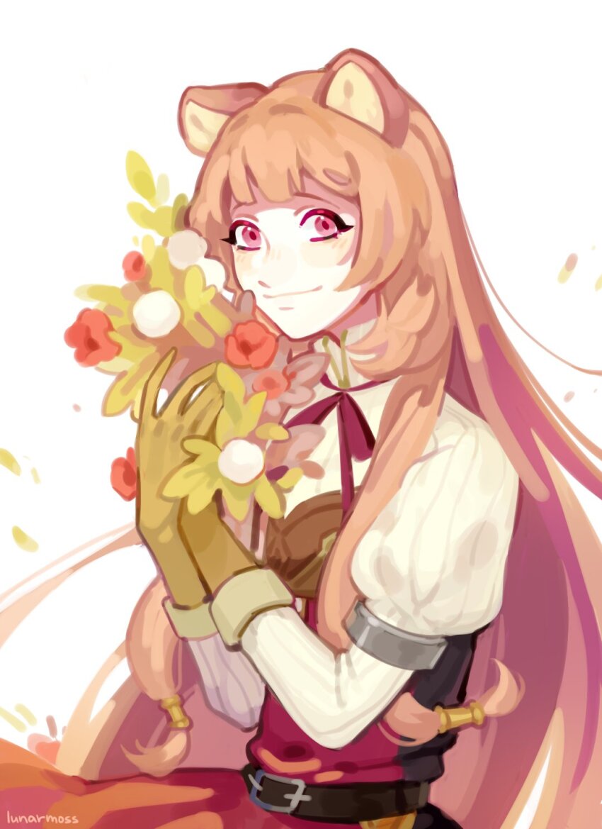 1girl animal_ears arm_cuffs armor artist_name belt black_dress blush breastplate brown_belt brown_gloves brown_hair closed_mouth commentary_request commission dress elbow_gloves eyelashes flower gloves hair_tubes hands_up highres holding holding_flower layered_dress leather_armor long_hair looking_at_viewer lunarmoss metal_arm_cuffs metal_hair_tubes neck_ribbon pink_eyes raccoon_ears raccoon_girl raphtalia red_dress red_ribbon ribbon russian_commentary smile solo tate_no_yuusha_no_nariagari two-tone_dress upper_body white_background white_dress