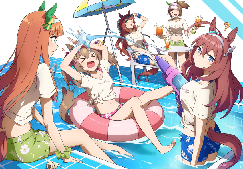 ! !! &gt;_&lt; 5girls :o ? ^^^ ^_^ absurdres adjusting_eyewear ahoge animal_ears blue_eyes blue_male_swimwear blue_swim_trunks breasts brown_hair chair closed_eyes commission cup drawstring floral_print gaze_on_me!_outfit_(umamusume) green_male_swimwear green_scrunchie green_swim_trunks head_tilt hibiscus_print highres holding holding_tray holding_water_gun horse_ears horse_girl horse_tail ines_fujin_(umamusume) innertube long_hair looking_at_viewer male_swimwear maruzensky_(umamusume) medium_breasts midriff mihono_bourbon_(umamusume) multiple_girls navel nigekiri_sisters_(umamusume) one_eye_closed open_mouth orange_hair pink_male_swimwear pink_swim_trunks pool print_male_swimwear print_swim_trunks print_swimsuit reclining scrunchie seashell sha_(siasha0104) shell shirt short_sleeves side_ponytail sideways_mouth silence_suzuka_(umamusume) sitting skeb_commission small_breasts smart_falcon_(umamusume) smile sunglasses swim_ring swim_trunks swimsuit table tail tied_shirt tray twintails umamusume visor_cap wading water water_gun white_shirt wrist_scrunchie