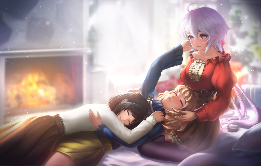 ahoge black_hair brown_hair closed_eyes fireplace girl_sandwich hair_ribbon highres kohinata_miku polyamory polygamy purple_eyes rgate ribbon sandwiched senki_zesshou_symphogear sleeping smile tachibana_hibiki_(symphogear) thighhighs white_hair yukine_chris yuri