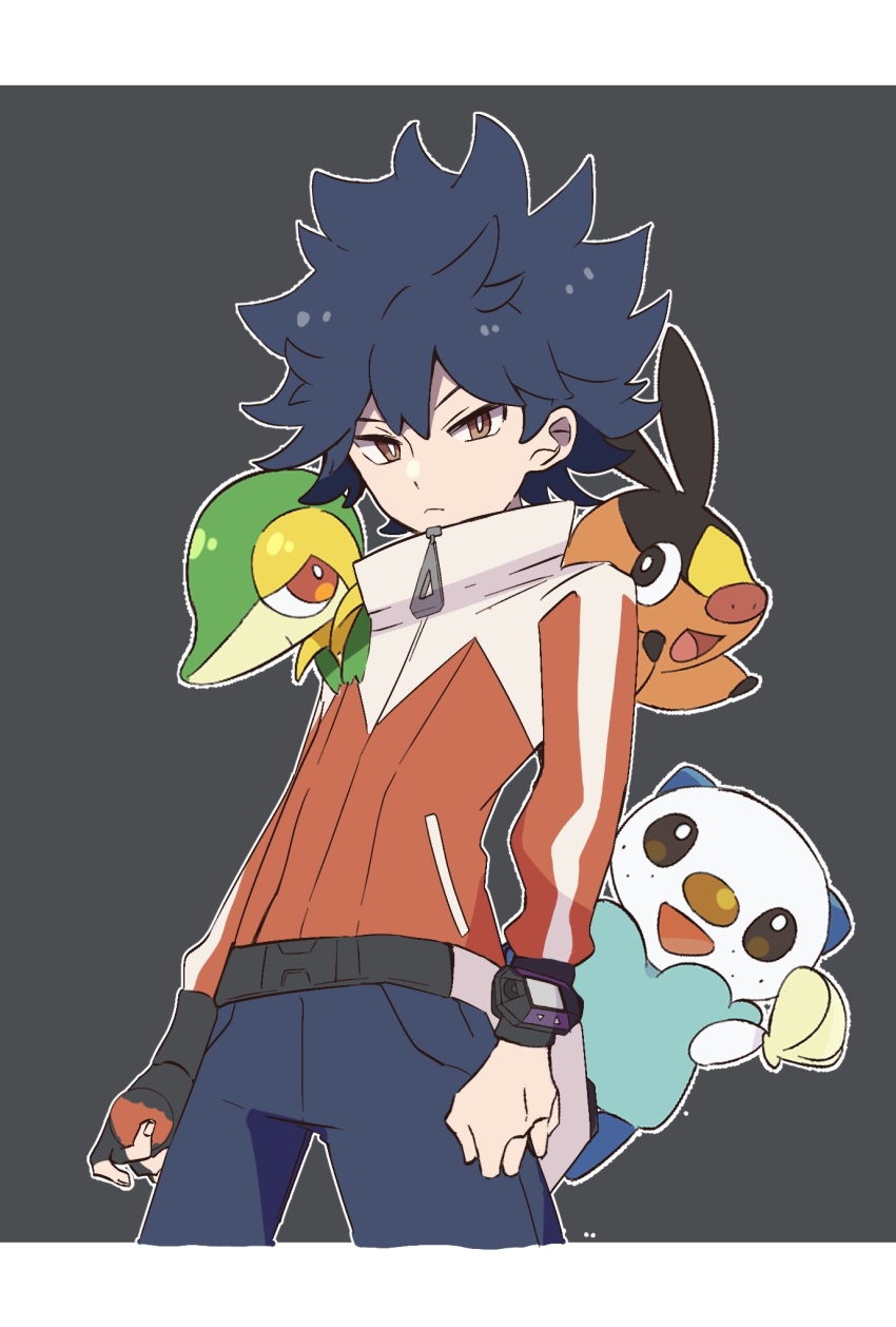 1boy black_hair bright_pupils brown_eyes closed_mouth commentary_request fingerless_gloves frown gen_5_pokemon gloves high_collar highres hugh_(pokemon) jacket long_sleeves male_focus misha_(ohds101) nintendo orange_jacket oshawott outline pants pokemon pokemon_(creature) pokemon_bw2 short_hair single_glove snivy spiked_hair starter_pokemon_trio tepig white_pupils zipper_pull_tab