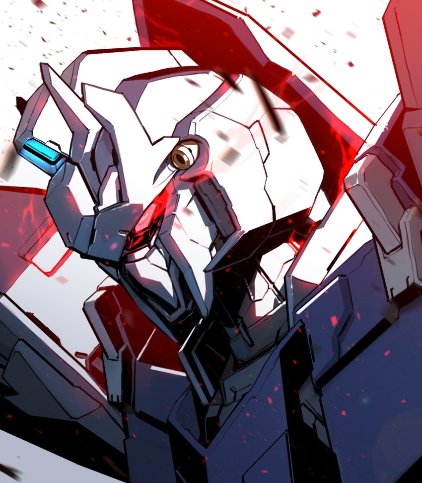 delta_plus from_side glowing glowing_eye gundam gundam_unicorn highres kuri_giepi limited_palette looking_down mecha mobile_suit no_humans red_eyes robot science_fiction solo upper_body
