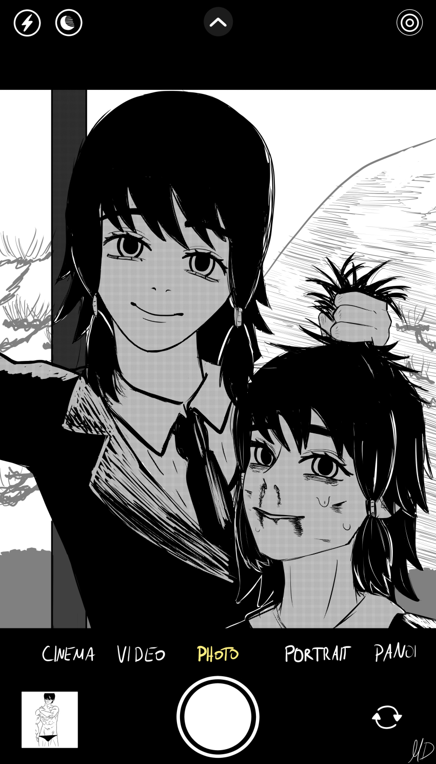 2girls absurdres blood blood_on_face camera chainsaw_man formal_clothes grabbing_another&#039;s_hair grabbing_own_hair greyscale highres holding holding_camera horror_(theme) male_swimwear maxim_drw mifune_fumiko monochrome multiple_girls selfie siblings suit swim_briefs twins yoshida_hirofumi