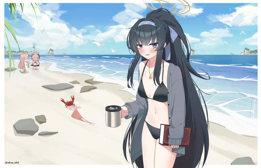 &lt;|&gt;_&lt;|&gt; 3girls absurdres beach bikini bird black_bikini black_hair black_wings blue_archive blush book crab cup feathered_wings grey_jacket hair_between_eyes hairband hanako_(blue_archive) hanako_(swimsuit)_(blue_archive) highres holding holding_book holding_cup holding_hose hose jacket jewelry katachi koharu_(blue_archive) koharu_(swimsuit)_(blue_archive) long_hair looking_at_another looking_at_viewer multiple_girls navel necklace ocean official_alternate_costume official_alternate_hairstyle open_mouth pink_hair ponytail purple_eyes purple_hairband shirt sidelocks single_bare_shoulder skyline swimsuit ui_(blue_archive) ui_(swimsuit)_(blue_archive) white_shirt wings
