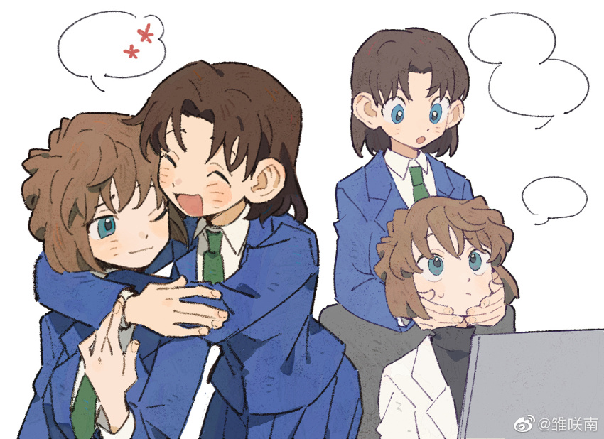 2girls aged_up blue_eyes brown_hair child haibara_ai hair_between_eyes hands_on_another&#039;s_cheeks hands_on_another&#039;s_face happy hug hug_from_behind lab_coat meitantei_conan minamip multiple_girls necktie school_uniform short_hair smile sweatdrop upper_body wide-eyed yoshida_ayumi