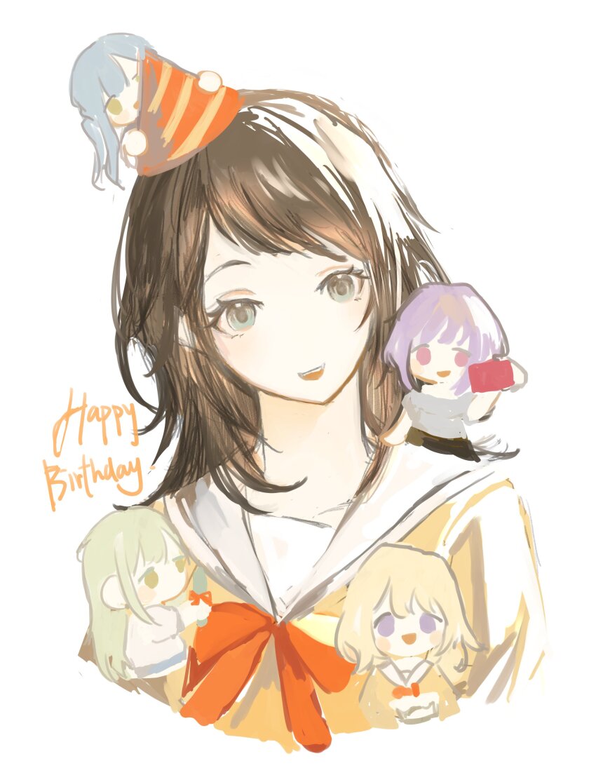 5girls absurdres ave_mujica_(bang_dream!) bang_dream! bang_dream!_it&#039;s_mygo!!!!! black_hair blonde_hair blue_hair circle_hands commentary cropped_torso green_eyes green_hair grey_shirt hanasakigawa_school_uniform happy_birthday hat highres ki3wii long_hair looking_at_viewer medium_hair misumi_uika multiple_girls neck_ribbon open_mouth party_hat purple_eyes purple_hair red_eyes red_ribbon ribbon sailor_collar school_uniform selfie shirt short_hair short_sleeves sidelocks simple_background teeth togawa_sakiko two_side_up upper_body upper_teeth_only wakaba_mutsumi white_background white_sailor_collar yahata_umiri yuutenji_nyamu