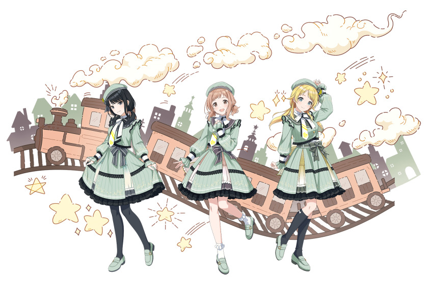 3girls beret black_hair black_pantyhose blonde_hair blue_eyes brown_hair building clothes_lift full_body green_shirt green_skirt grey_eyes hachimiya_meguru hat highres idol_clothes idolmaster idolmaster_shiny_colors idolmaster_shiny_colors_song_for_prism illumination_stars_(idolmaster) kazano_hiori kneehighs loafers long_sleeves low_twintails multiple_girls official_art pantyhose puffy_long_sleeves puffy_sleeves sakuragi_mano shirt shoes skirt skirt_hold skirt_lift smoke socks star_(symbol) train transparent_background twintails