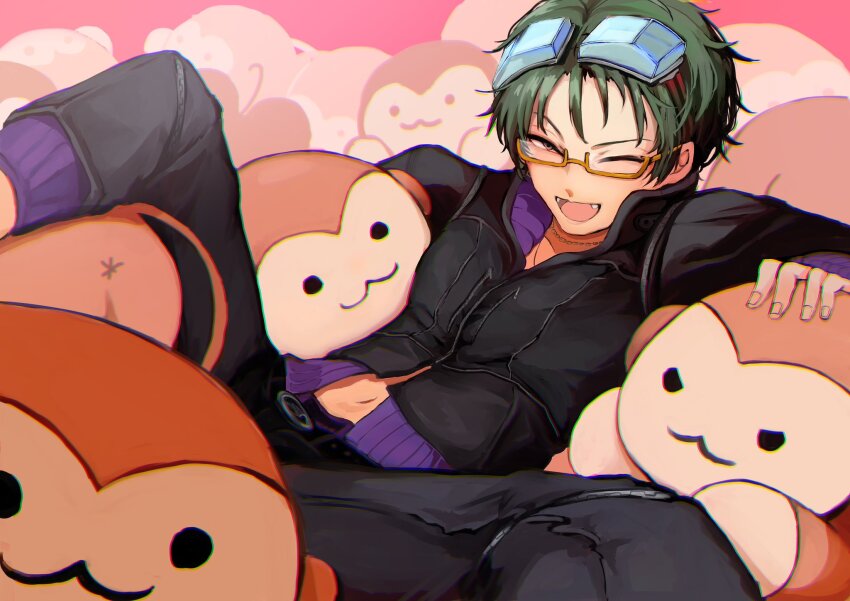 1boy black_hair glasses gnosia goggles green_hair highres jacket jewelry koyuuuuuuuuuuu long_sleeves looking_at_viewer male_focus monkey navel necklace sha-ming shirt short_hair smile solo upper_body