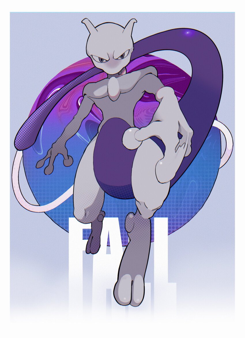 border commentary full_body furrowed_brow gen_1_pokemon gogot grey_background grey_eyes highres horns legendary_pokemon looking_at_viewer mewtwo nintendo pokemon pokemon_(creature) solo toes white_border