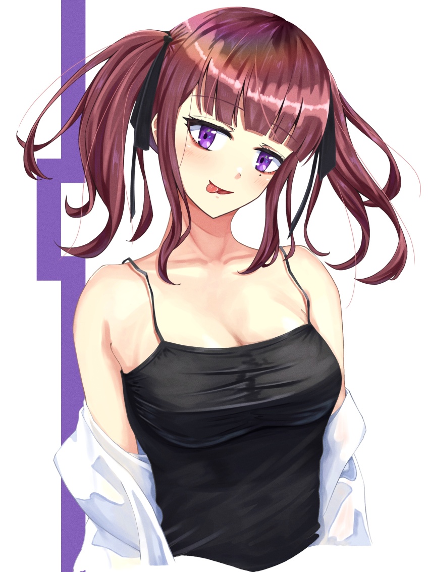 1girl absurdres bare_shoulders black_camisole breasts brown_hair camisole cleavage commentary_request cropped_torso hair_ribbon highres looking_at_viewer medium_breasts medium_hair mole mole_under_eye natsuki_karin nuwafuruys72 purple_eyes ribbon shirt_partially_removed simple_background smile solo spaghetti_strap synthesizer_v tongue tongue_out twintails white_background