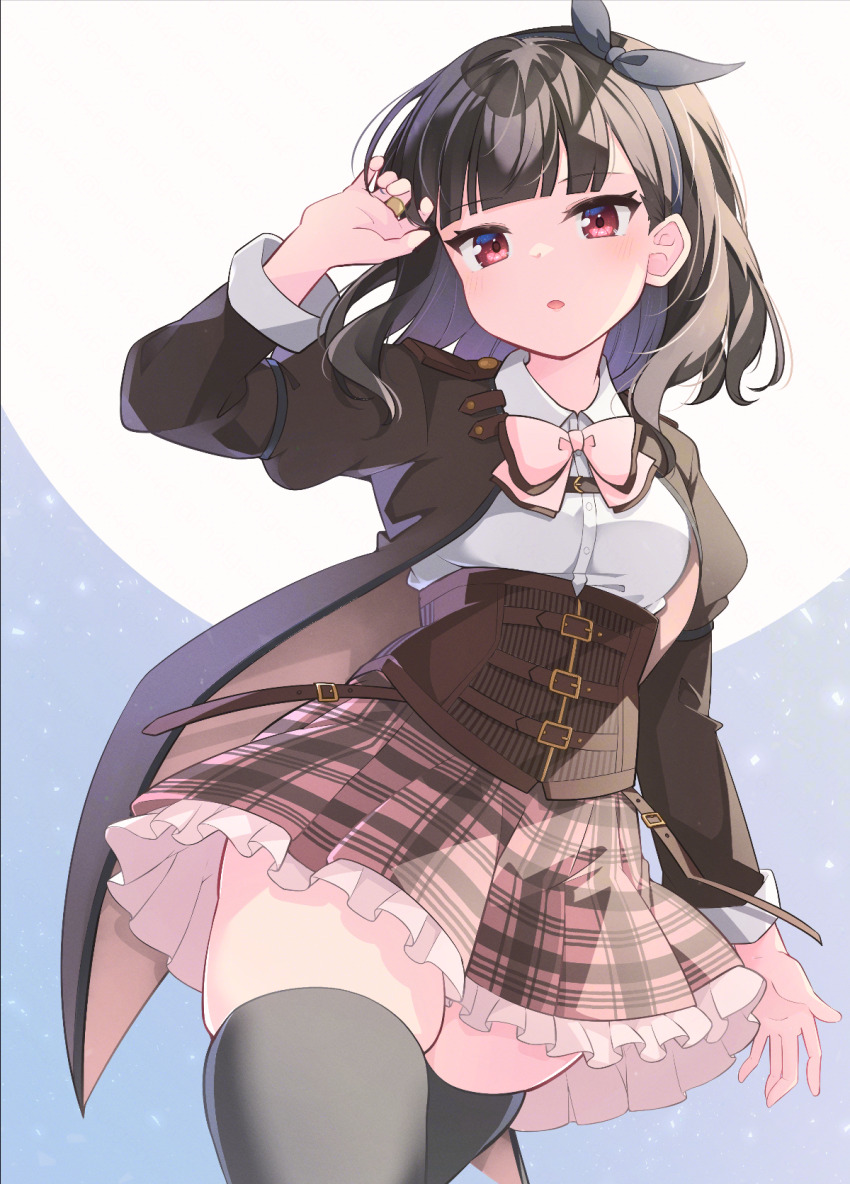 1girl arm_at_side arm_up assault_lily belt belt_buckle black_bow black_hair black_hairband black_thighhighs blue_background blunt_bangs bow bow_hairband bowtie breasts brown_belt brown_jacket brown_skirt buckle buttons collared_shirt commentary_request corset cowboy_shot frilled_skirt frills gradient_background hair_bow hairband highres jacket jewelry juliet_sleeves kuroki_francisca_yuria light_particles long_sleeves looking_at_viewer ludvico_private_girls&#039;_academy_school_uniform medium_breasts medium_hair miniskirt morugen multiple_belts open_clothes open_jacket parted_lips pink_bow pink_bowtie plaid_clothes plaid_skirt puffy_sleeves red_eyes ring school_uniform shirt skindentation skirt solo standing thighhighs two-tone_background underbust wavy_hair white_background white_shirt zettai_ryouiki
