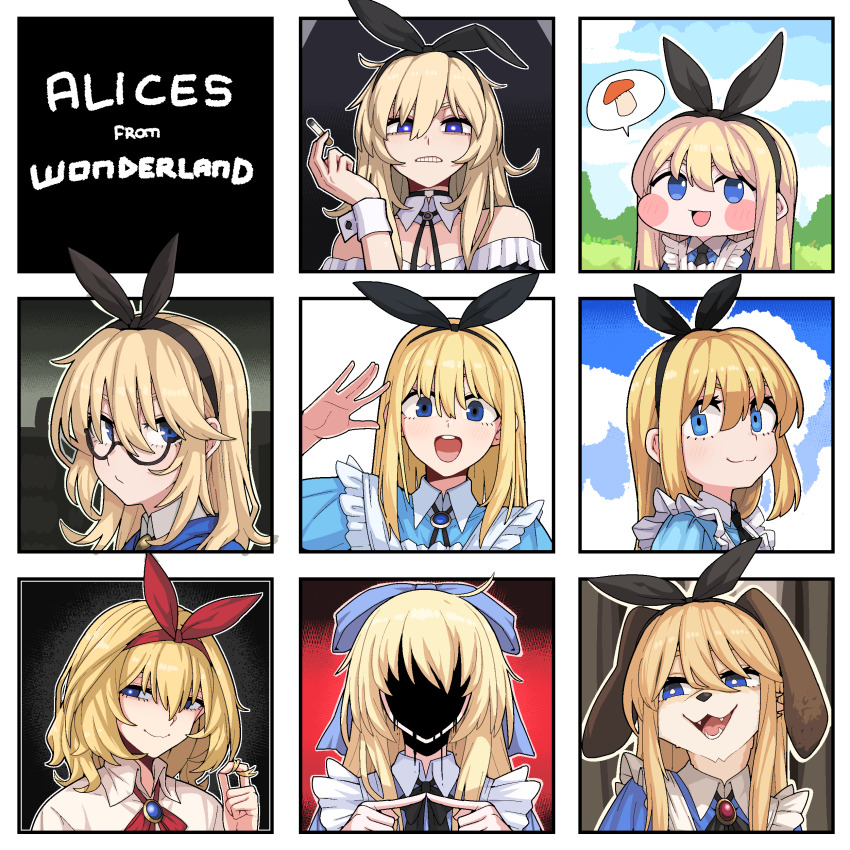 6+girls absurdres alice_(alice_in_wonderland) alice_in_wonderland alice_margatroid black_souls blonde_hair dog_girl formicid furry furry_female highres long_hair looking_at_viewer multiple_girls name_connection portrait purple_eyes short_hair smile touhou