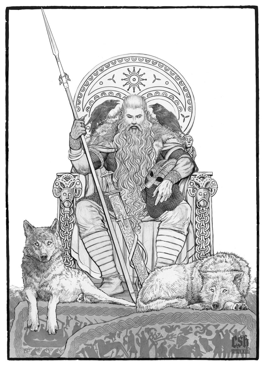 1boy armor artist_name beard bird boots chainmail christian_sloan_hall crow facial_hair freki_(mythology) fur_trim geri_(mythology) graphite_(medium) highres holding holding_polearm holding_unworn_helmet holding_weapon huginn_(mythology) long_beard male_focus monochrome muninn_(mythology) mural norse_mythology odin_(mythology) one-eyed polearm roman_numeral scabbard sheath sitting_on_throne solo sword traditional_media valknut_(symbol) very_long_beard weapon wolf