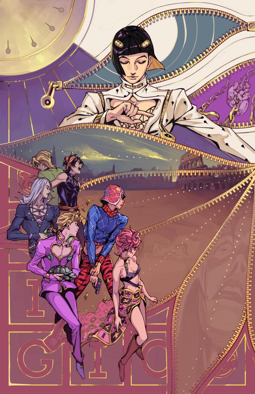 alderion-al animal black_bra black_hair black_lips blonde_hair bob_cut boots bra breasts brown_footwear bruno_bucciarati choker cleavage closed_eyes coco_jumbo colosseum commentary crop_top diavolo english_commentary giorno_giovanna grey_hair guido_mista gun hair_ornament hairband hairclip handgun hat heart_(organ) highres holding holding_animal holding_gun holding_weapon jojo_no_kimyou_na_bouken knee_boots leone_abbacchio long_hair midriff narancia_ghirga navel orange_hairband pannacotta_fugo pink_hair print_skirt revolver sex_pistols_(stand) short_hair skirt small_breasts stand_(jojo) trish_una turtle turtleneck underwear vento_aureo vinegar_doppio weapon zipper