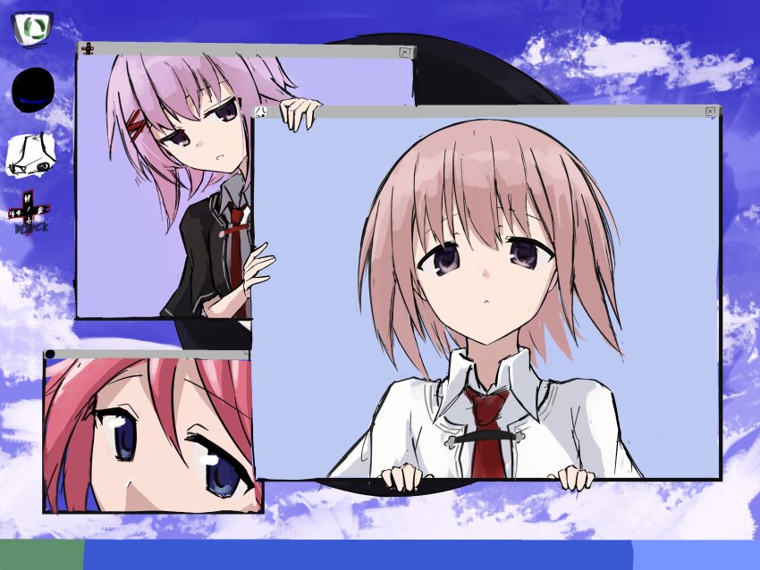 3girls absurdres black_capelet capelet close-up collared_shirt commentary cross desktop_(computing) fourth_wall hair_between_eyes hair_ornament hairclip highres jitome looking_at_viewer multiple_girls multiple_persona necktie otonashi_ayana parted_lips pink_hair purple_eyes recycle_bin red_necktie school_uniform shirt short_hair sketch subarashiki_hibi takoyaki032002 tsui_no_sora tsui_no_sora_(remake) white_capelet white_shirt window_(computing)