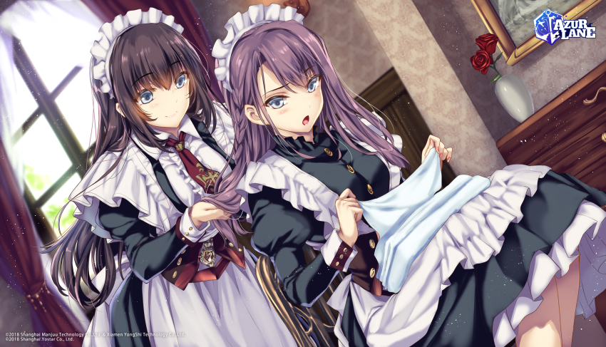 2girls azur_lane black_hair blue_eyes braid brown_hair chair commentary_request copyright_name curacoa_(azur_lane) curlew_(azur_lane) dutch_angle flower grey_eyes hair_between_eyes highres indoors juliet_sleeves light_particles long_hair long_sleeves maid_headdress monety multiple_girls open_mouth puffy_sleeves sitting smile vase window