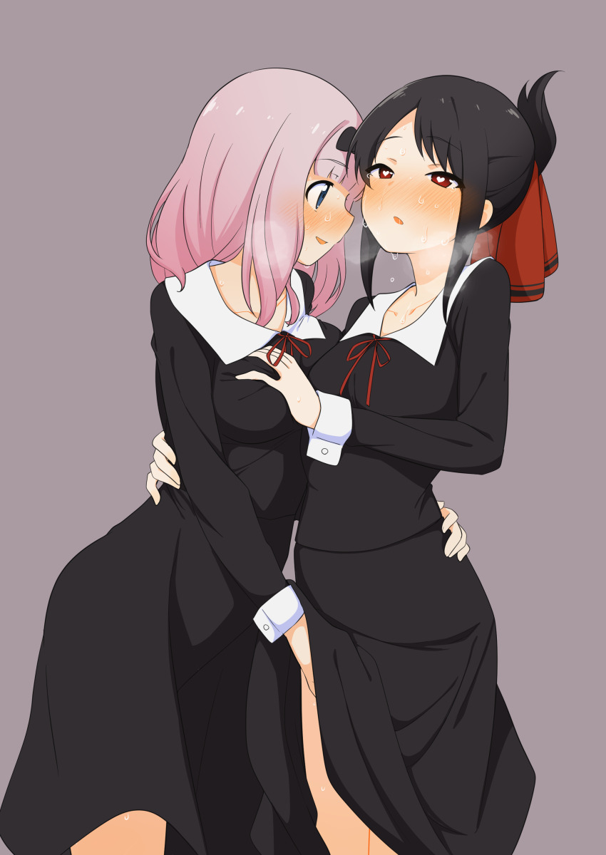 2girls absurdres black_dress black_hair blue_eyes blush breasts commentary_request dress fingering fujiwara_chika grabbing_another&#039;s_breast grey_background groping hair_ribbon hand_on_another&#039;s_waist hand_under_dress heart heart-shaped_pupils highres kaguya-sama_wa_kokurasetai_~tensai-tachi_no_renai_zunousen~ large_breasts looking_at_another luke_(b10a3123m) medium_hair multiple_girls neck_ribbon parted_lips pink_hair red_eyes red_ribbon ribbon school_uniform shinomiya_kaguya shuuchiin_academy_school_uniform simple_background sweat symbol-shaped_pupils variant_set yuri