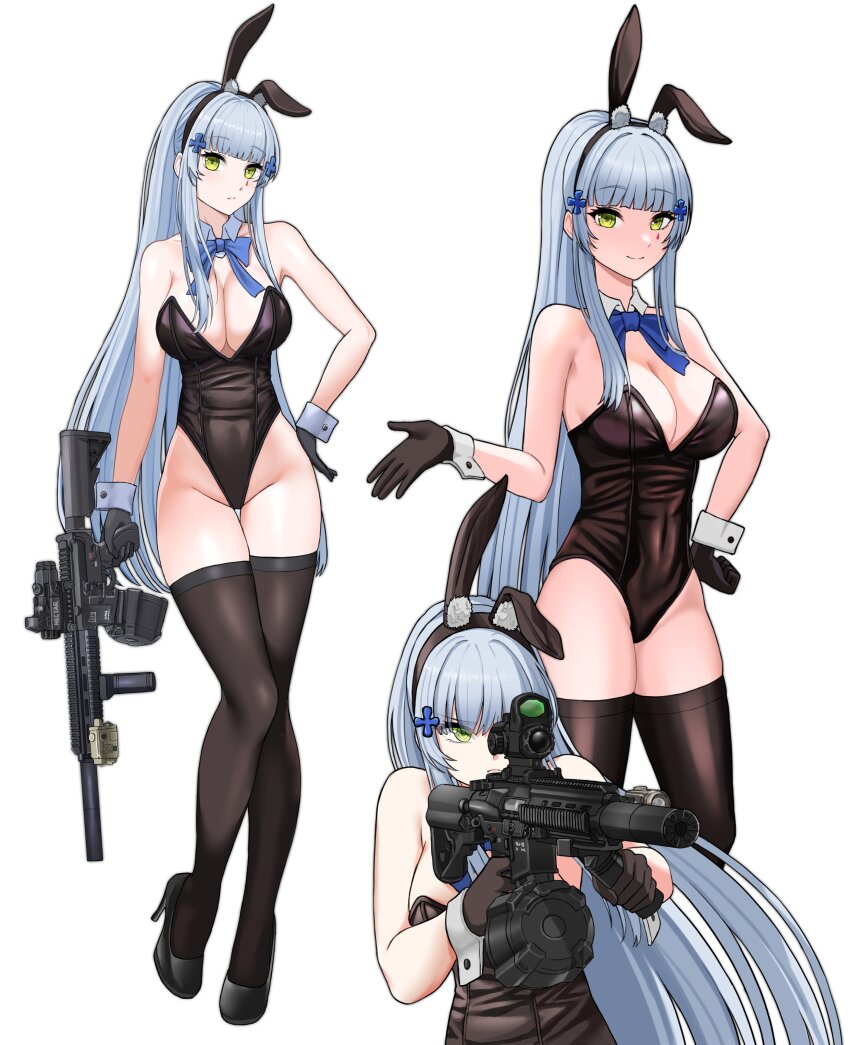 1girl absurdres aiming alternate_costume animal_ear_fluff animal_ears assault_rifle bare_shoulders black_gloves black_leotard black_shoes black_thighhighs blue_bow blue_hair bow breasts cleavage closed_mouth collar commentary cross_hair_ornament detached_collar dwi_c fake_animal_ears finger_on_trigger girls&#039;_frontline gloves green_eyes gun h&amp;k_hk416 hair_ornament high_heels highres hk416_(girls&#039;_frontline) leotard long_hair looking_at_viewer multiple_views playboy_bunny rabbit rifle scope shoes sidelocks simple_background smile suppressor symbol-only_commentary tattoo teardrop_facial_mark teardrop_tattoo thighhighs weapon white_background white_collar white_wrist_cuffs wrist_cuffs