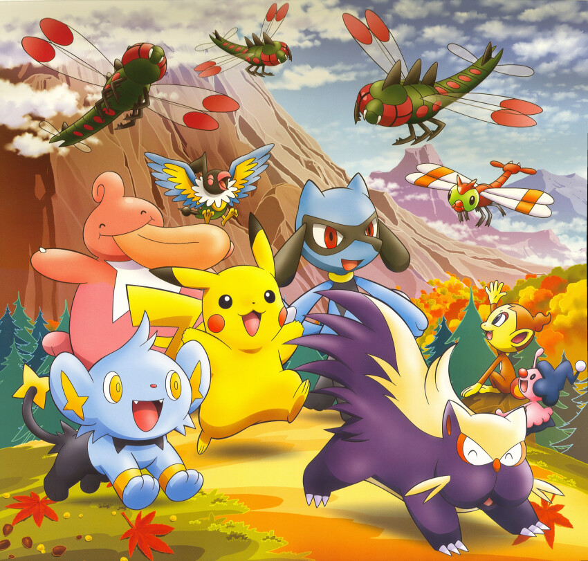 :3 :d absurdres arm_up arms_up artist_request autumn autumn_leaves blue_sky bug chatot chimchar closed_eyes closed_mouth cloud day fangs gen_1_pokemon gen_2_pokemon gen_4_pokemon highres insect_wings leaf lickilicky long_tongue mime_jr. mountain mountainous_horizon nature nintendo no_humans official_art open_mouth outdoors pikachu pokemon pokemon_(creature) pokemon_focus red_eyes riolu scan shinx sitting sky smile stunky third-party_source tongue tongue_out tree waving wings yanma yanmega yellow_eyes