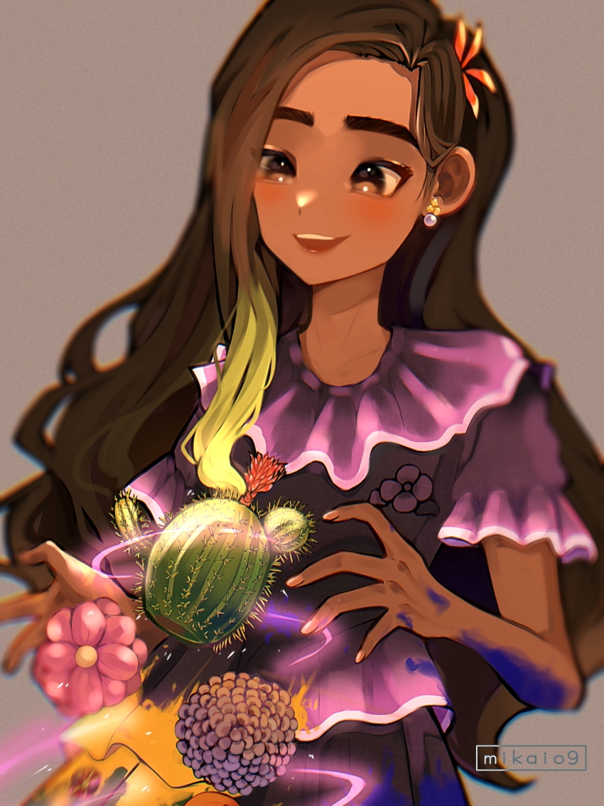 1girl brown_eyes brown_hair dark-skinned_female dark_skin disney dress earrings encanto flower hair_flower hair_ornament highres isabela_madrigal jewelry long_hair magic mikaio9 mole mole_under_eye purple_dress simple_background smile solo tan