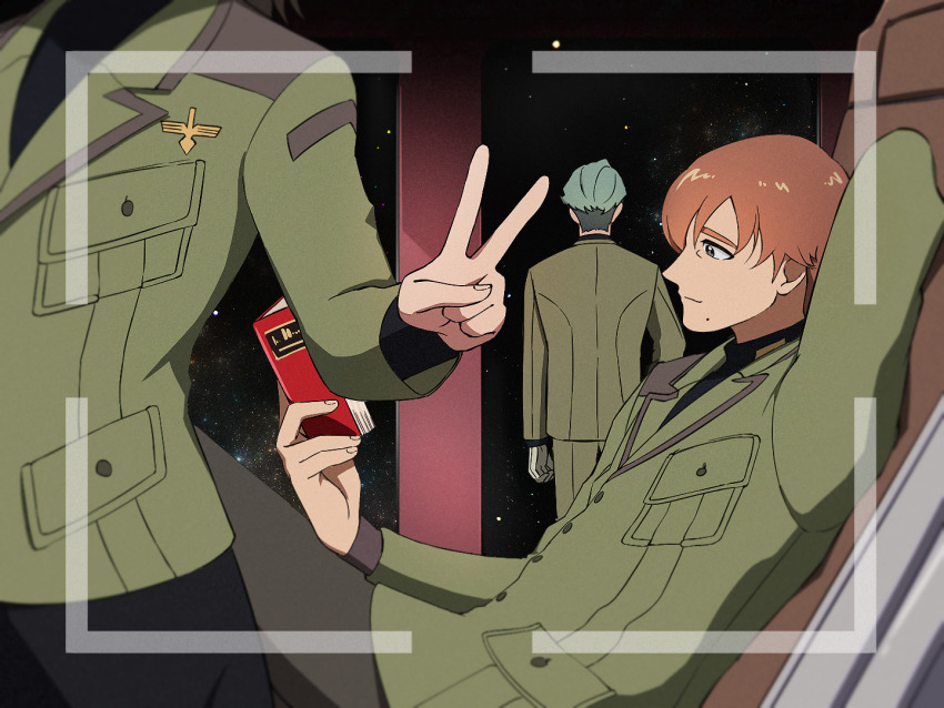 1girl 2boys black_shirt black_skirt book brown_hair challia_bull character_request check_character choco_(chocovix112) closed_mouth comoli_harcourt facing_away green_jacket green_pants grey_hair gundam gundam_gquuuuuux holding holding_book jacket long_sleeves mole mole_under_mouth multiple_boys open_book pants shirt skirt smile space standing star_(sky) thick_eyebrows v viewfinder xavier_olivette