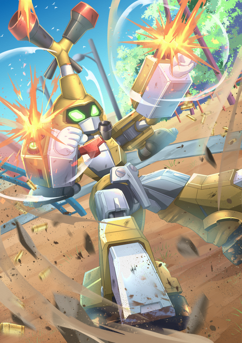 absurdres arm_cannon blue_sky casing_ejection clear_sky clenched_hands commentary day debris dirt dust_cloud firing glowing glowing_eyes green_eyes highres humanoid_robot lamppost mecha medarot medarot_3 metabee motion_blur muzzle_flash no_humans outdoors outstretched_arms park robot saikachis science_fiction shell_casing simple_bird sky solo tree troy_(oxaa01ex) weapon