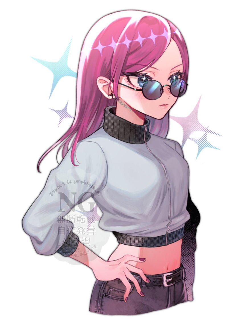 1girl artist_name belt black-framed_eyewear blue_eyes commentary cropped_jacket female_focus hand_on_own_hip highres jacket kimi_no_koto_ga_dai_dai_dai_dai_daisuki_na_100-nin_no_kanojo long_hair midriff nail_polish navel parted_bangs purple_nails red_hair round_eyewear saiki_himeka simple_background solo sparkle sparkle_earrings sparkling_aura sparkling_eyes sunglasses watermark white_background white_jacket zarame_niboshi