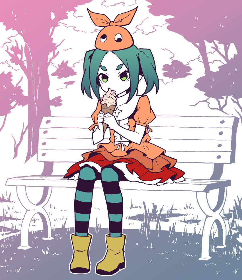 1girl akableak aqua_thighhighs bench black_thighhighs boots commentary dress eating english_commentary foliage food full_body googly_eyes gradient_background gradient_clothes gradient_dress grass green_eyes hat highres hikimayu holding holding_food holding_ice_cream holding_ice_cream_cone ice_cream ice_cream_cone licking looking_at_food medium_hair monogatari_(series) ononoki_yotsugi orange_dress orange_hat outdoors outline own_hands_together park park_bench parted_bangs petticoat puffy_short_sleeves puffy_sleeves red_dress rubber_boots short_eyebrows short_sleeves sidelocks solo thick_eyebrows thighhighs tongue tongue_out tree twintails two-handed w_arms white_outline white_trim yellow_boots