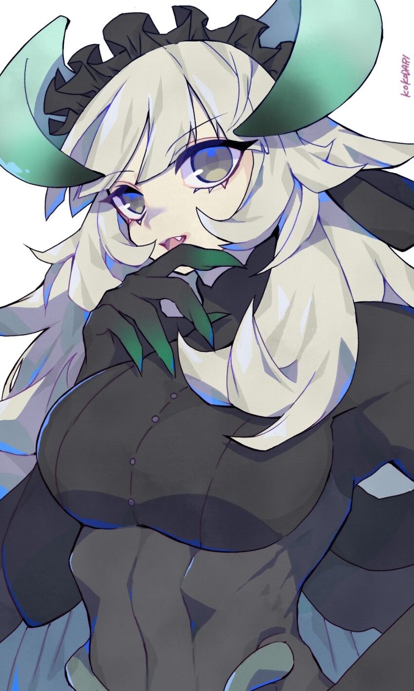 1girl black_eyes breasts chamber_dragonmaid claws cowboy_shot dragon_girl dragon_horns dragonmaid_cehrmba fang grey_hair highres horns kokodari large_breasts long_hair maid_headdress open_mouth simple_background solo transformation upper_body white_background yu-gi-oh!